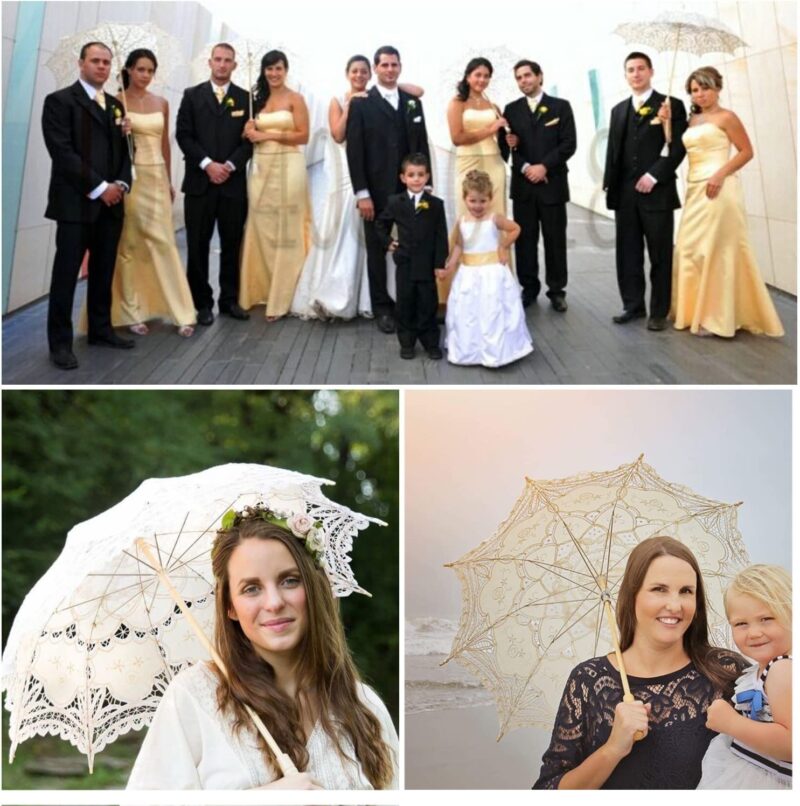 lace parasol umbrella wedding white cotton wooden handle decoration umbr