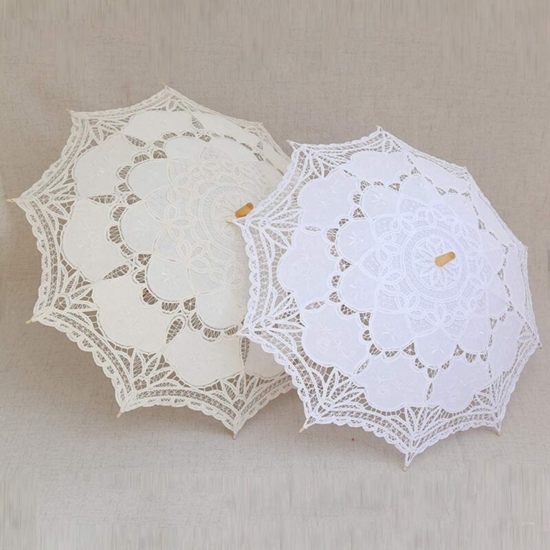 lace parasol umbrella wedding white cotton wooden handle decoration umbr